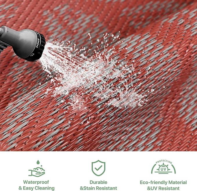 GENIMO Outdoor Rug, Waterproof Plastic Rugs for Patio, 8'x10' Red Grey | Outside Larger Leaf Carpet Mat for Porch Decor, Deck, Balcony, Camping, RV, Backyard, Picnic, Beach, Reversible, Foldable
