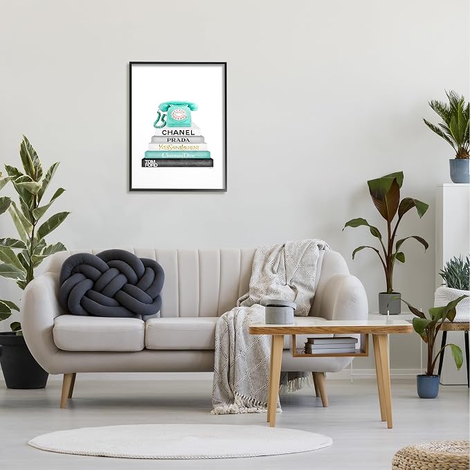 The Stupell Home Decor Grey Black Fashion Bookstack with Teal Phone Framed Giclee Texturized Art, 24 x 30, Multi-Color
