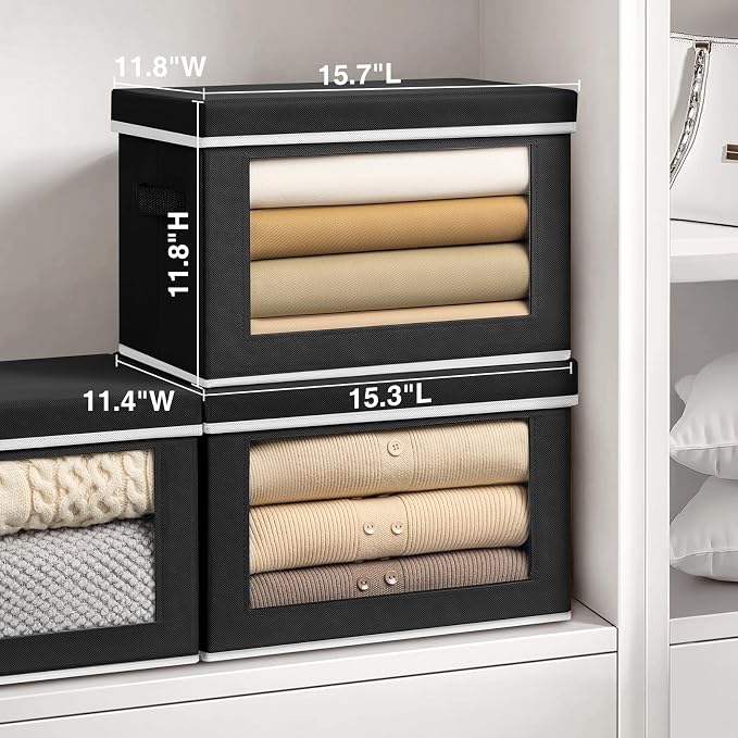 Homsorout Large Storage Bins with Lids - Fabric Storage Cubes with Window, Collapsible Bins for Clothes, 15.7 Inch Large Baskets for Bedroom, Dorm, Office, Black, 6 Pack
