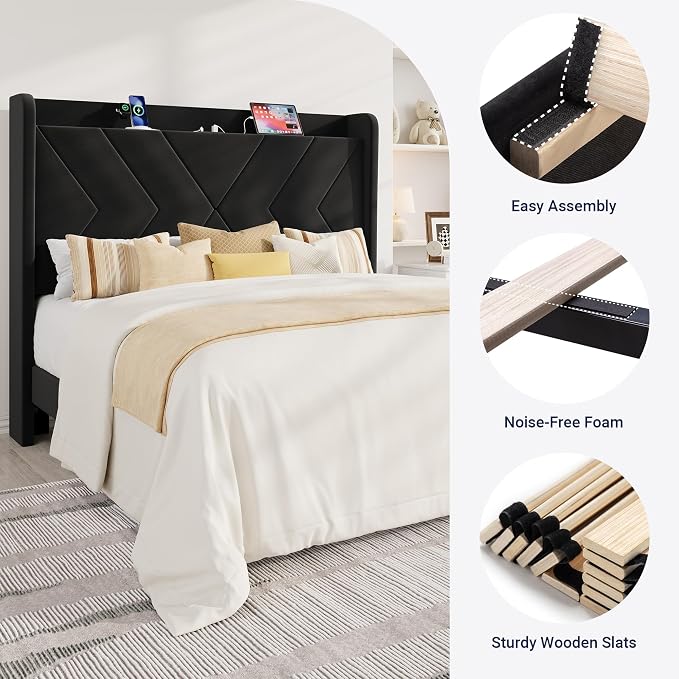 Allewie Full Size Platform Bed Frame with Charging Station and Storage Shelf/Upholstered Velvet Wingback Headboard/Wooden Slats Support/No Box Spring Needed/Easy Assembly, Black