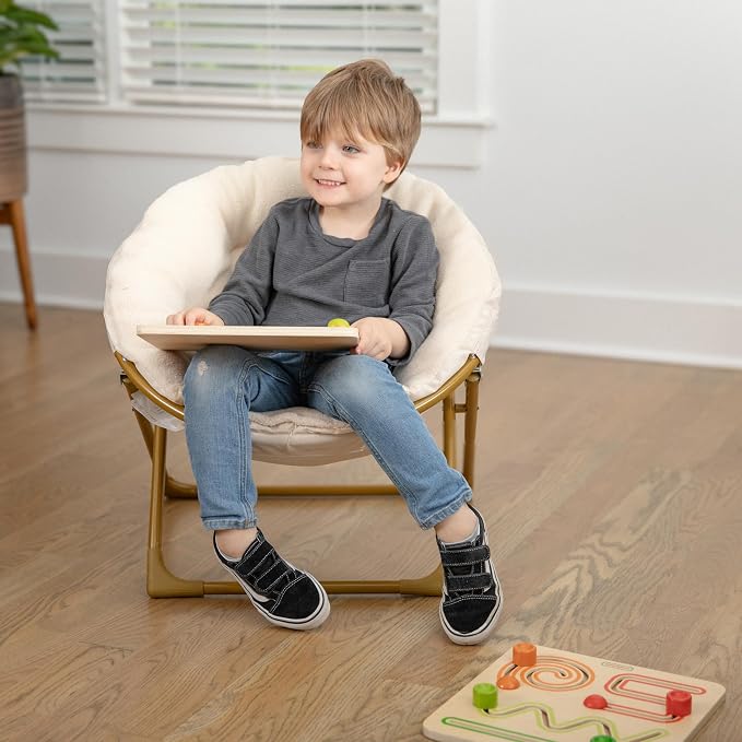 Flash Furniture Kids 23 Inch Folding Saucer Chair, Ivory Faux Shearling | Soft Gold Frame, Portable