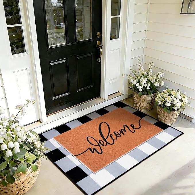 2pcs Layered Doormat Set, Welcome Door Mat for Outdoor Front Door, 16x24 PVC Coil & 24x32 Crystal Velvet Non-Slip Layering Entry Mats for Farmhouse Porch Decoration（Welcome, Striped