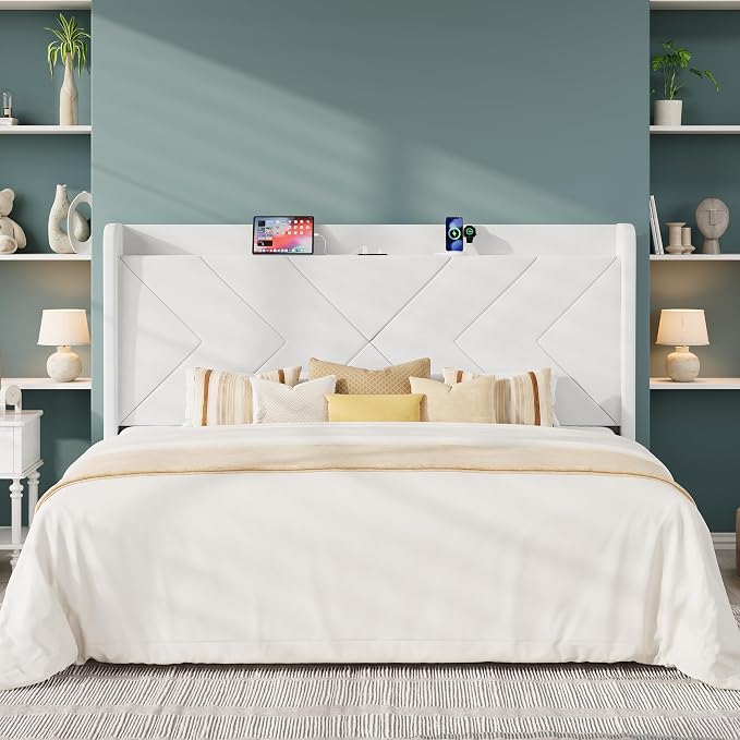 Allewie King Size Platform Bed Frame with Charging Station and Storage Shelf/Upholstered Velvet Wingback Headboard/Wooden Slats Support/No Box Spring Needed/Easy Assembly, White