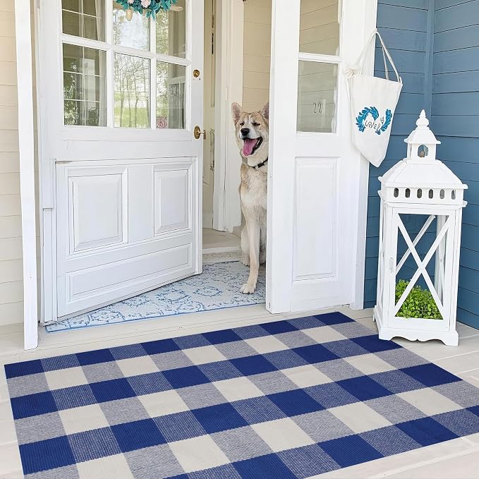 SEEKSEE Buffalo Plaid Outdoor Rug 27.5x43 Blue and White Front Door Mat, Layering Rug for Porch, Summer Doormat, Front Porch Rug for Outdoor Entrance Entryway Patio Porch Decor