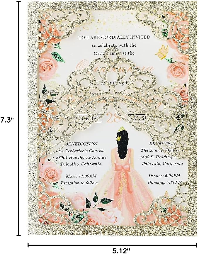 Hosmsua 50PCS Personalized Champagne Glitter Quinceanera Invitations Kit 5.1x7.3 Inch Laser Cut Floral Crown Pocket Quinceanera Invitation Cards with Envelopes for Birthday Quince Invitation