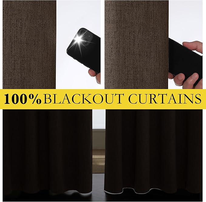 NICETOWN Coffee Vintage Linen 100% Blackout Curtains for Living Room, Thermal Insulated Curtains 84“ Long, Noise Reducing Window Treatment Drapes for Hall Room, 52" Wide Per Panel, Set of 2
