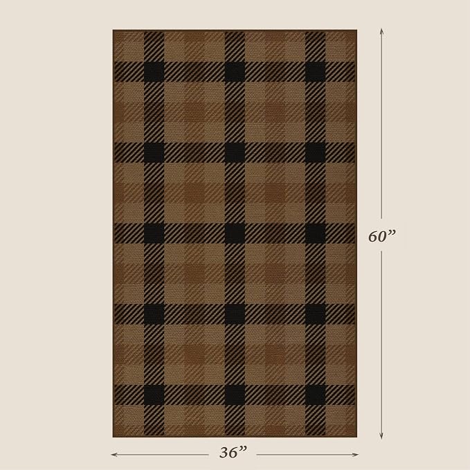 Easy Jute Plaid 3x5 Entryway Rug, Brown Checkered Washable Front Door Mat, Indoor Outdoor Farmhouse Non Slip Rug for Porch, Entrance, Balcony and Kitchen
