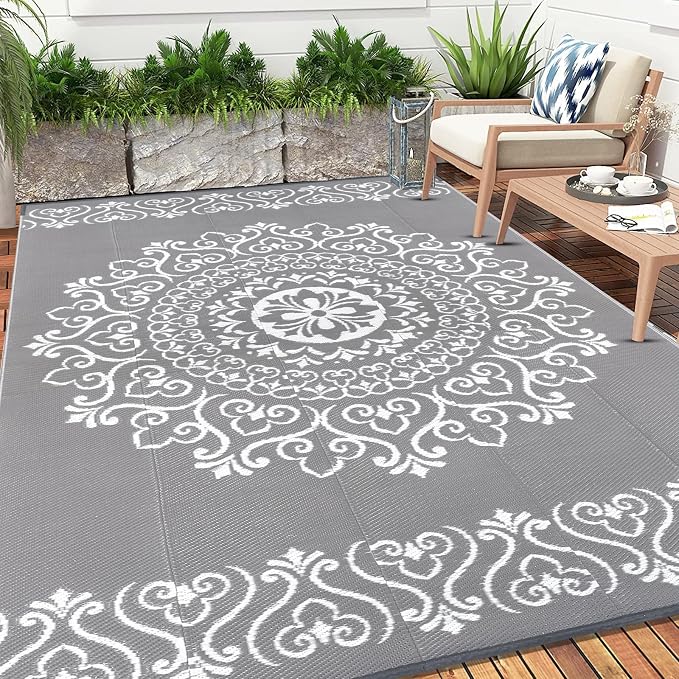 Pauwer Waterproof Outdoor Rug 8x10, Reversible Plastic Straw Patio Camping Rug, Indoor Outdoor RV Mat Carpet for Deck, Camper, Porch, Balcony, Backyard, Picnic, Floral Grey | Reversible Patio Rug, UV Resistant Indoor Outdoor RV Mat Carpet For Deck, Cam...