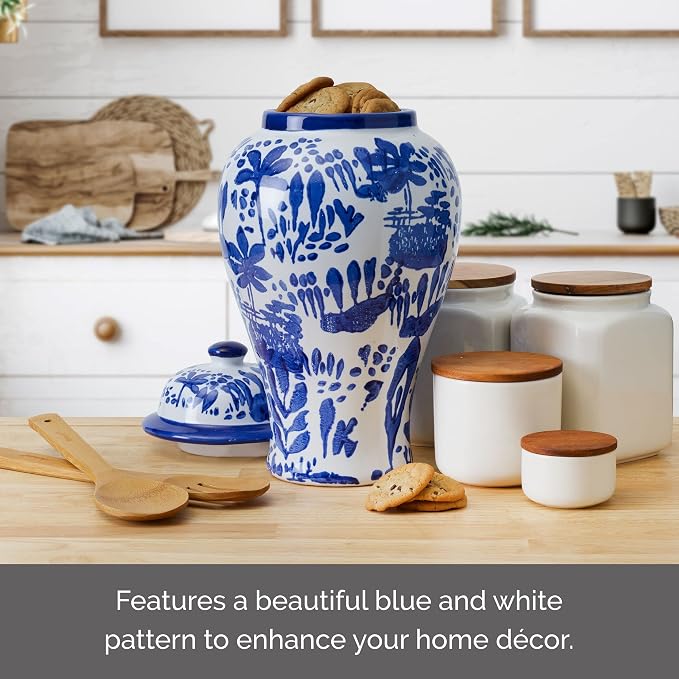 Mikasa Blue and White Landscape Round Ceramic Ginger Jar, Store Small Household Items or Display Faux Florals