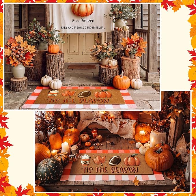 Moucuny 2 Pcs Fall Football Coir Doormat Outdoor, Tis The Season Welcome Coir Doormat 16 x 47, Layered Orange White Plaid Rug 22 x 56, Non-Slip Backing, Fall Autumn Porch Entryway Patio Decor