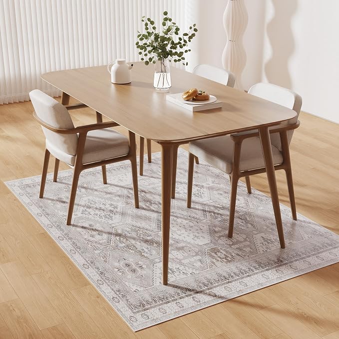 Floor Mat for Home 5×7ft, Easy Clean Plastic Rug-Like Pattern Area Mat for Living Room, Waterproof Vinyl Area Rug for Under Kitchen Table, No Slip Soft Vintage Rug for High Traffic Area (White)