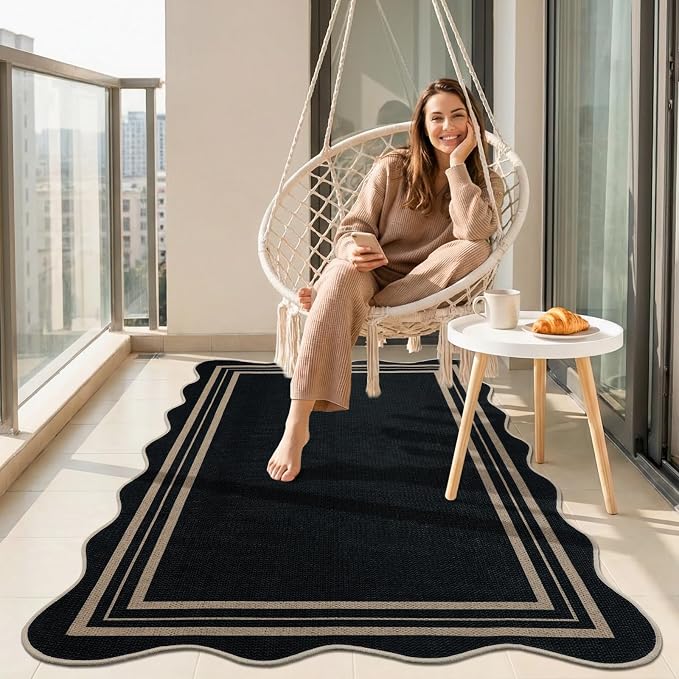 EDIMENS Scalloped Easy Jute 3x5 Outdoor Rug, Washable Non-Slip Geometric Black Rugs for Entryway, Indoor Outdoor Farmhouse Rug Modern Carpet Door Mat Area Rug for Patio Living Room Porch Kitchen