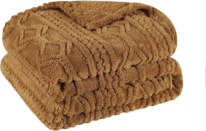 SUPERIOR Fleece Boho Jacquard Blanket, Decorative Blankets for Bedroom, Sofa, Fuzzy, Plush, Fluffy, Soft, Cute Room Decor, Beautiful Cover, Comfort Essentials, Arctic Collection, Throw XL, Camel