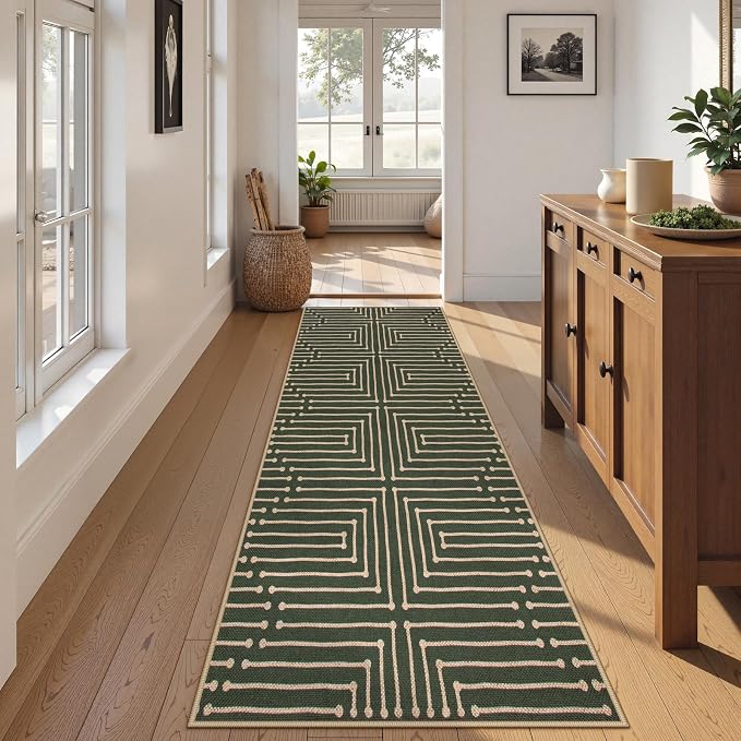 Lahome Maze Line Green Kitchen Runner Rug, 2x8 Outdoor Easy Jute Runner Rug | Nature Non Slip Indoor Outdoor Front Door Carpet for Hallway Entry Laundry