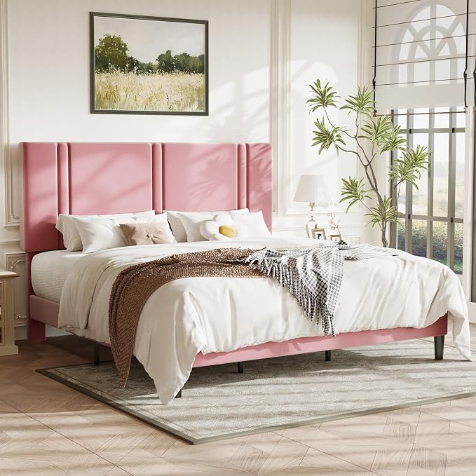Allewie King Size Platform Bed Frame with Adjustable Headboard | Plush Velvet Upholstered, Vertical Channel Tufted, Sturdy Wood Slats, No Box Spring Needed, Easy Assembly, Pink