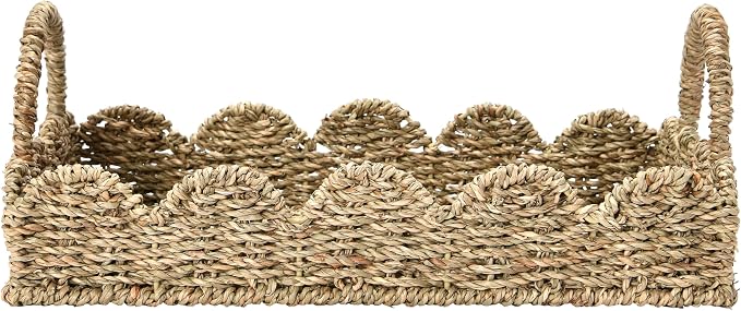 Household Essentials Seagrass Decorative Tray with Scalloped Edge, Handwoven Natural Wicker Organizer Basket with Handles & Iron Frame for Coffee Tables, Bathrooms & Countertops