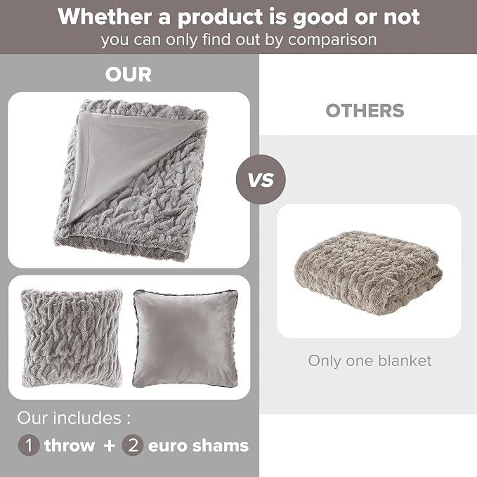 Comfort Spaces Ruched Throw Set Faux Fur Blanket for Sofa, 50 x 60, Grey | Plush, OEKO-TEX Certified