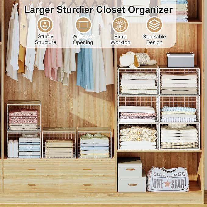 6 Pack Closet Organizers And Storage, Stackable Closet Shelf Organizer Storage Bin Basket For Clothes Sweaters With Top Board, Widened Opening, Heightened Height, Large Capacity, Sturdy, Space-saver