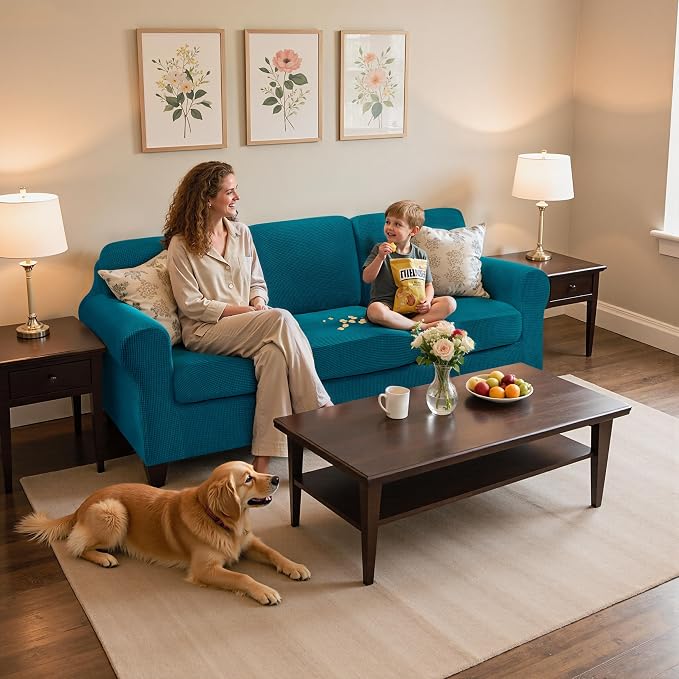 SUBRTEX 7 Pieces Stretch Sofa Slipcover Sets Couch Cover Sets Backrest Cushion Covers Furniture Protector Collection Set for Oversize Sofa Loveseat Chair Slip Covers(Large, Teal)