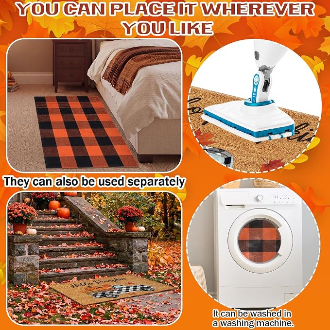 Moucuny 2 Pcs Fall Door Mat, Layered Hello Pumpkin Welcome Coir Doormat with Orange and Black Buffalo Plaid Rug, Non-Slip Backing, Fall Farmhouse Autumn Porch Decor for Entryway Patio Decor
