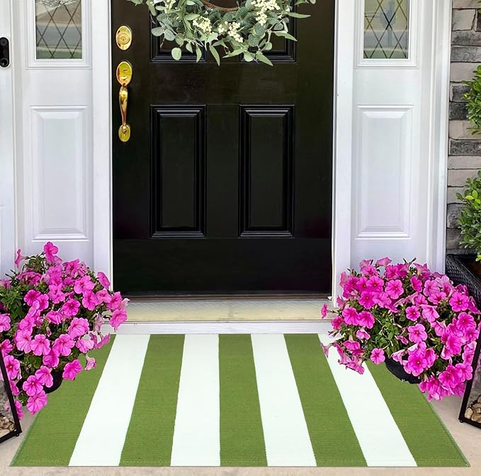 Green and White Layered Door Mats 2x3ft, Striped Outdoor Rug Cotton Woven Washable Farmhouse Small Area Rug for Entryway/Porch Decor/Kitchen/Home Entrance