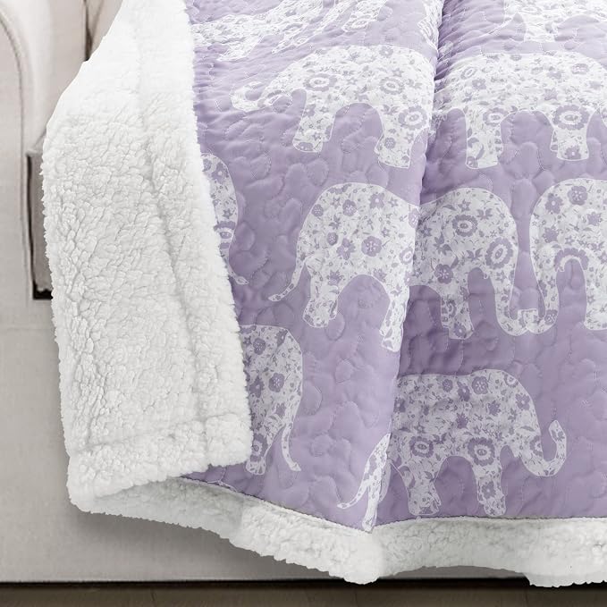 Lush Decor Elephant Parade Sherpa Throw Blanket 50" W x 60" L, Purple - Elephant Blanket for Kids - Plush Throw Blankets for Bed - Couch Blankets