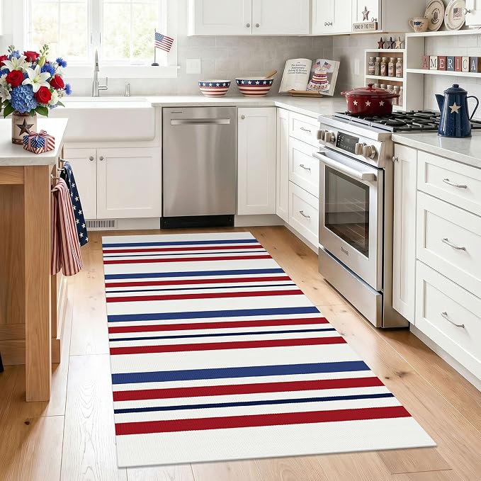 KILOCOCO 250th Anniversary Patriotic Striped Rug 3x5 ft, Red Blue White | Washable Front Door Rug, Woven Welcome Mat for Front Porch, Outdoor Rug for Memorial Day, Indoor Independence Day Decor