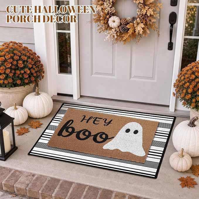 2 Pcs Hey Boo Ghost Halloween Doormats, 16 x 24 in Hey Boo Ghost Door Mat and 24 x 32 in Black White Striped Layering Rug, Fall Porch Decor for Indoor Outdoor Entryway Patio Kitchen Bathroom