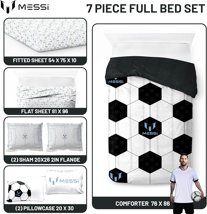 Jay Franco Kids Comforter Set Includes Sheets and Pillow Cover - Soft and Cozy Bed Set for Stylish Room Décor, White - Messi, 7 Piece Full