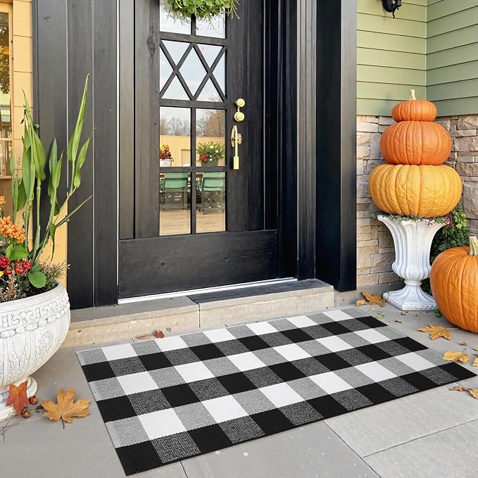 KIMODE Buffalo Plaid Outdoor Rug Runner Doormat 24'' x 51", Black/White Cotton Woven Checkered Fall Farmhouse Porch Rugs, Washable Indoor Door Mat for Front Layered Kitchen Bathroom Laundry Room