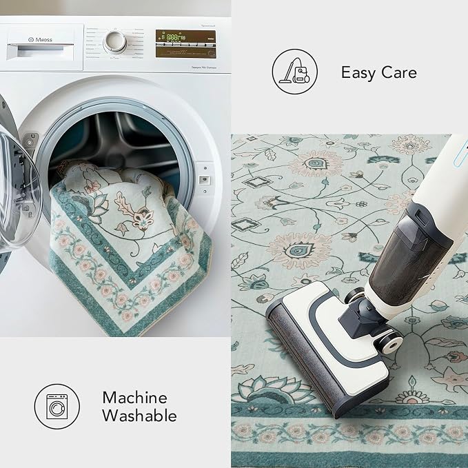 EVERGRACE Area Rugs for Living Room 6x9, Boho Floral Faux Wool Indoor Outdoor Rugs, Washable Rugs for Bedroom Dining Room Entryway Kitchen, Low Pile Floor Mat Carpet for Home Decor, Pale Blue