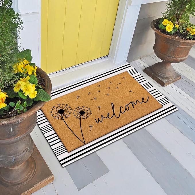 Tinideya 2 Pcs Summer Door Mat Dandelion Welcome Non Slip Spring Coir Mats Floor Layering Doormats Seasonal for Front Porch Entryway Decor(Dandelion)