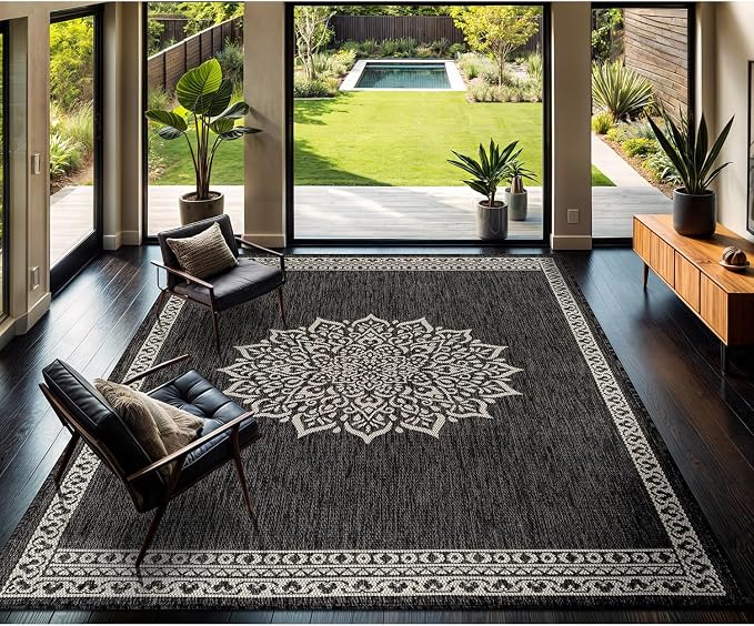 CAMILSON Outdoor Rug 10x14 Medallion Darkgray Modern Large Area Rugs for Indoor and Outdoor Patios Kitchen and Hallway Mats Washable Porch Deck Outside Carpet (Medallion Darkgray 10 x 14)