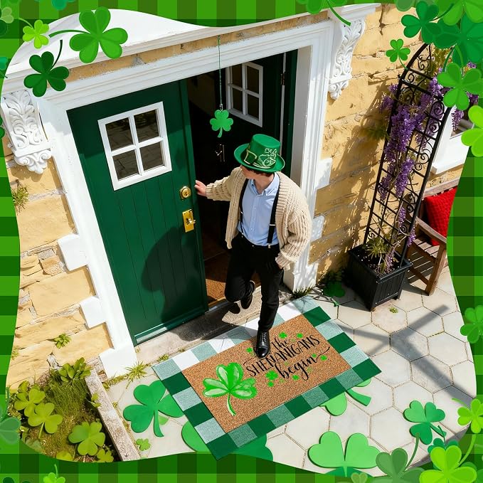 Moucuny 2 Pcs St. Patrick's Day Coir Door Mat Outdoor Rug Lucky Shamrock Welcome Outdoor Mat Green and White Buffalo Plaid Doormat for St. Patrick's Day Irish Front Door Porch Entryway Decor