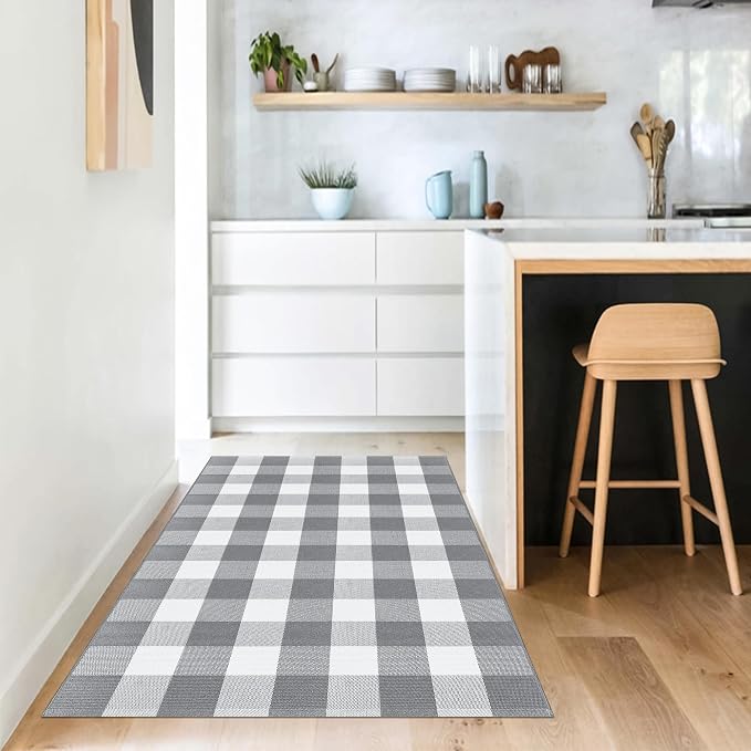 Buffalo Plaid Rug 3x5 Cotton Woven Buffalo Check Rug Grey and White Checkered Outdoor Rug Washable Indoor Outdoor Area Rug Layered Front Door Mats Carpet for Farmhouse Entryway Living Room Bedroom