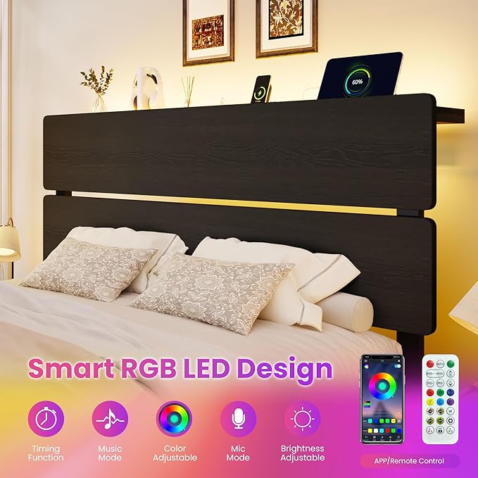SHA CERLIN Queen Size Bed Frame, Led Light, Charging Station, Storage Shelf | Wooden Headboard, Heavy Duty Slats Support, Metal Platform Bed, Under Bed Storage, No Box Spring Needed, Noise Free, Black