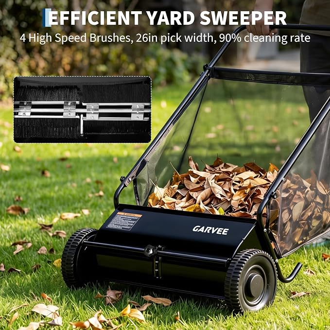 Heavy Duty 26-Inch Push Lawn Sweeper – 4 Fast Spinning Brushes | Height Adjustable, Durable Steel Frame, 7 Cu. Ft. lawn mower, Reduced Plastic Wheels