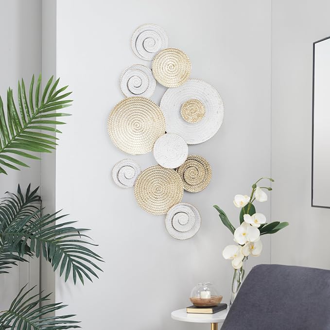 CosmoLiving by Cosmopolitan Metal Plate Home Wall Decor Radial Wall Sculpture, Wall Art 36" x 2" x 21", Gold | Home Plate Spiral Wall Sculpture With Gold Accents Wall Sculptures Wall Art
