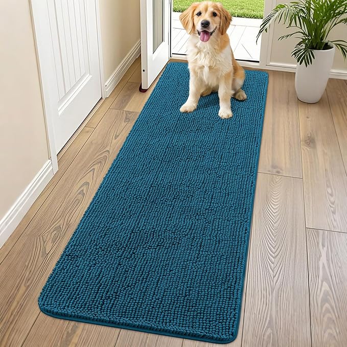 Smiry Dog Door Mat for Muddy Paws 70x24, Absorbent Dirt Trapper, Non-Slip Washable Chenille Entryway Rug for Inside Floor, Atlantic Blue, Classic Solid