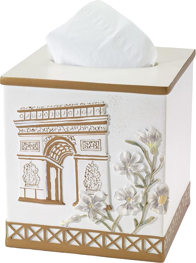 Avanti Linens - Tissue Box Cover, Hand Painted Resin, Countertop Accessories, Chic Bathroom Decor (Paris Botanique Collection)