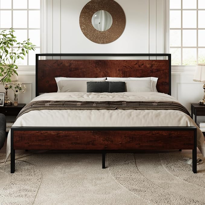 Allewie King Size Bed Frame, Heavy Duty 12 Metal Slats Support, Mahogany | Wooden Headboard and Footboard, Modern Platform Bed, No Box Spring Needed, Under-Bed Storage, Noise Free, Easy Assembly