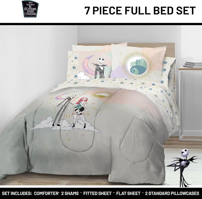 Disney Nightmare Before Christmas Full Comforter Set 7 Piece, Multi | Jack Skellington Sally, Bed in a Bag, Comforter Sheets Shams Pillowcases, Soft Microfiber, Machine Washable, Girls Gift