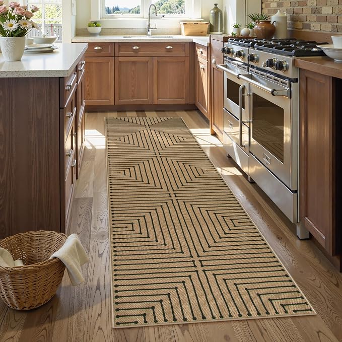 Lahome Geometric 2x8 Runner Rug, Neutral Non Slip Kitchen Entryway Runner | Farmhouse Rhombus Low Pile Non Shedding Nature Indoor Outdoor Carpet Runner for Laundry Room