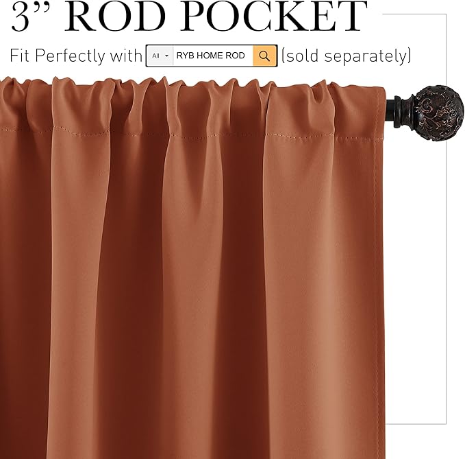 RYB HOME Blackout French Door Window Curtain Covering, Rod Pocket Thermal Insulated Privacy Non See Through Drapes for Bathroom Window, Width 29 by Length 45, Burnt Orange, 2 Panels