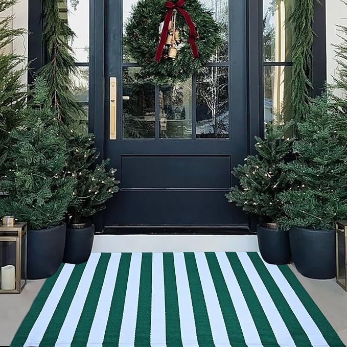 Green and White Striped Outdoor Rug St. Patrick's Day Rug 27.5'' x 43'' Spring Doormat Layered Welcome Mat for Farmhouse Easter Spring Front Porch Entryway Decor