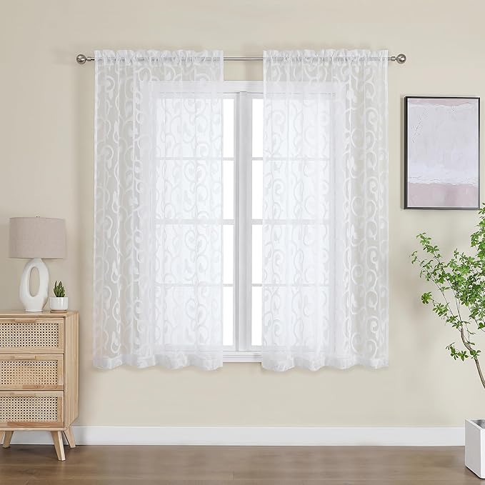 OWENIE Furman White Sheer Curtains 54 Inch Length 2 Panels Set - Image 2