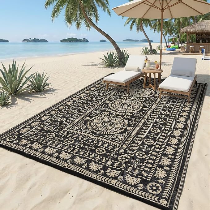 Garvee Reversible Outdoor Rug 6x9 for Patio, Waterproof Outdoor Area Rug, Modern Medallion Indoor Outdoor Rugs, Plastic Straw Rug for RV, Camping, Deck, Vintage Brown
