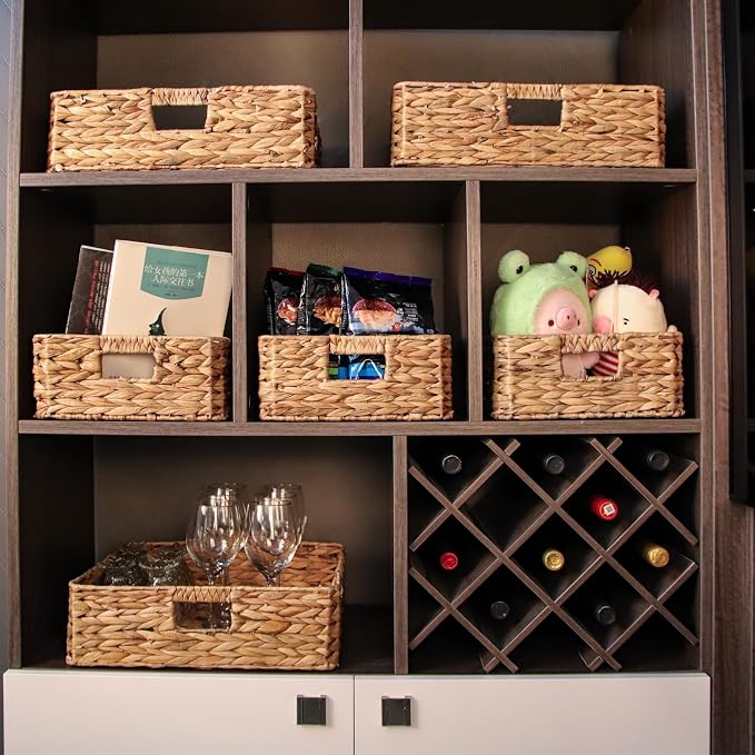 Rectangular Water Hyacinth Storage Baskets, Wicker Woven Shelves Baskets | Three-sided handle design,Handwoven from natural water hyacinth, For the living room, bedroom, storage room, and vanity