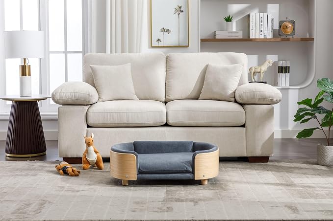 Scandinavian Dog Bed Mid-Century Pet Sofa with Velvet Cushion & Solid Wood Legs, Removable Cover, 30.7” for Medium Dogs, Natural Frame & Dark Grey Cushion