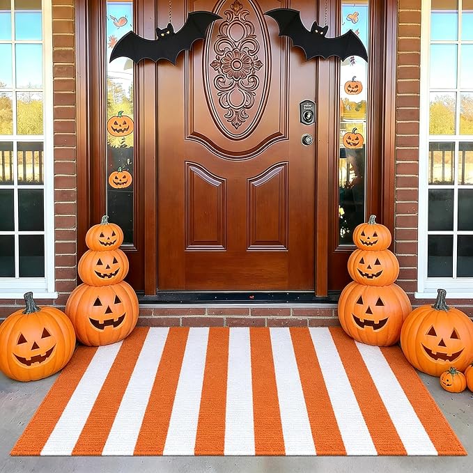 Striped Outdoor Rug 3' x 5' Orange and White Front Door Mat, Halloween Layering Rug for Porch, Washable Doormat, Cotton Area Rug for Outdoor Entrance Entryway Patio Porch Decor